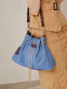 MOTF WOMEN'S FASHION SHOULDER BAG, CASUAL RETRO BLUE SPLICING, EXQUISITE CHAIN TOTE BAG, SUITABLE FOR DAILY, COMMUTING, SHOPPING, VACATION, TRAVEL, VERSATILE - Blue coffee - View 8