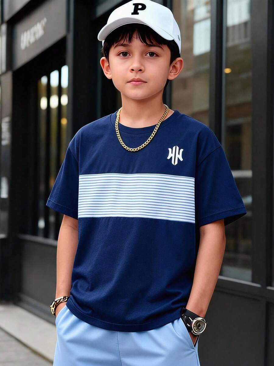 SHEIN Boys' Blue Base Blue & White Striped All-Over Print Short Sleeve T-Shirt, All-Match Versatile Casual Daily Wear, Suitable For Outings And Street, Spring Summer Autumn - Multicolor - View 1
