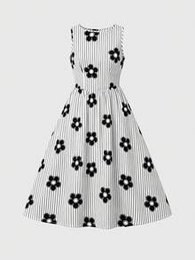SHEIN 青少年女孩無袖波點洋裝，溫柔法式風，柔和米杏色底色搭配經典黑色波點，營造復古感而不顯張揚，適合各種膚色與場合，無袖設計清新俐落，修飾肩頸線條 - 黑與白 - 查看 3