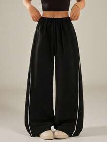 SHEIN PETITE Pantalon noir à jambes larges pour femmes, style streetwear vintage, festival, sortie, retour à la maison, basique, essentiels pour le port quotidien, automne/hiver, pour femmes de petite taille - Noir - Voir 6
