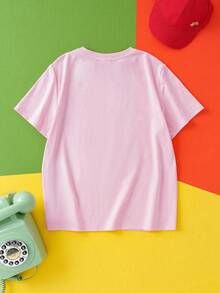 LOONEY TUNES X SHEIN Tween Girl Cartoon Cat Pattern Round Neck Short Sleeve T-Shirt Kids Cartoon Graphic Tee Sylvester The Cat Tops - Pink - View 2