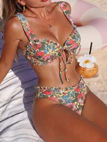 Swim Vcay Sweet Floral Random Print Wide Strap Tie-Front Triangle Bikini Set For Girls/Women - Multicolor - View 1