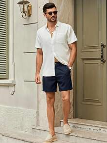 HIMLAND Men's Textured Solid Color Pocket Casual Shorts, Versatile Daily Wear - Navy Blue - View 7