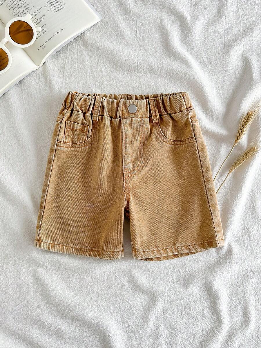 SHEIN Vintaside Kids 男嬰牛仔短褲，夏季熱銷中藍色牛仔色，學院風，簡約休閒舒適，彈性腰帶 + 假鏈條設計，舒適細棉牛仔布，適合日常出遊、旅行、假日聚會，展現獨特街頭風格