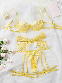 Seduluxe 女款性感蕾絲拼接內衣套裝 5 件組 - 黃色 - 查看 8