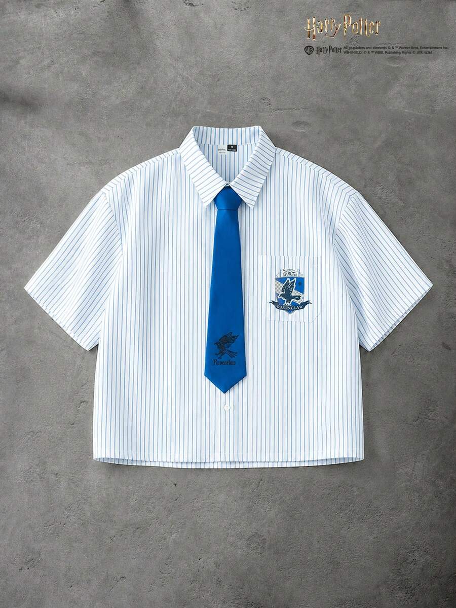 HARRY POTTER X SHEIN PAVTROS 男士條紋字母鳥圖案休閒百搭日常出遊襯衫,儀式場合適用 - 藍色 - 查看 1