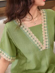 Al Najma Vestido elegante y fresco de unicolor con cuello en V, encaje bordado, 2 en 1, holgado y estilizante, con vuelo, para mujer - Verde - Ver 3