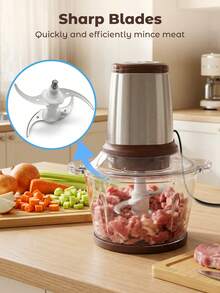 Teckwe Electric Food Chopper With US Plug, Stainless Steel Motor & Glass Bowl Mini Meat Grinder, 2 Speed Control Kitchen Mincer For Vegetables Fruit Onion Garlic Baby Food - US A Type Plug(110-127V) - View 3