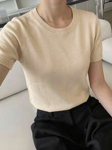 DAZY 女款商務休閒 Polo 領短袖針織上衣 夏季 - 米色 - 查看 6