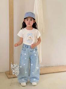 SHEIN 少女時尚休閒 Y2K 復古酷感街頭簡約基礎可愛閃亮鑽飾藍色寬鬆牛仔褲，日常穿著，春夏季 Rave 祭典與街頭風 - 淺色水洗藍 - 查看 6