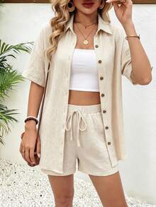 EMERY ROSE Women's Solid Color Lapel Shirt And Shorts 2 Pieces Set - Beige - View 7