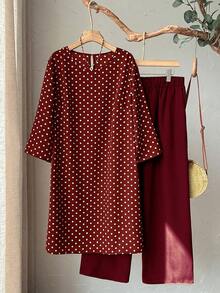 Rusticease 2pc Set Plus Size Women's Summer/Fall Casual Wine Red Polka Dot Round Neck 3/4 Sleeve Side Slit Long Top And Wide Leg Pants Set With Pockets,Autumn - Burgundy - View 3