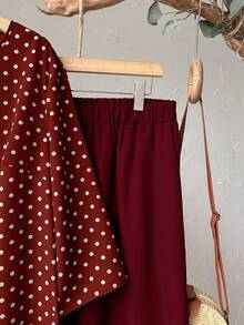 Rusticease 2pc Set Plus Size Women's Summer/Fall Casual Wine Red Polka Dot Round Neck 3/4 Sleeve Side Slit Long Top And Wide Leg Pants Set With Pockets,Autumn - Burgundy - View 4