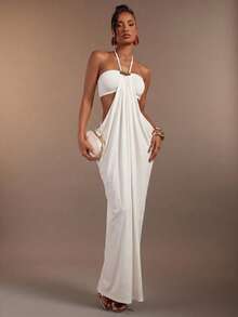 Hauture 橄欖綠平口鏤空側邊垂墜抓皺側邊掛脖長洋裝 - 白色 - 查看 6