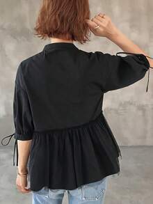 FRIFUL Women's Summer Solid Color Contrast Mesh Pleated Drawstring Tie Bow Loose Casual Versatile Blouse - Black - View 7