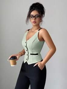 Selianne 女款拼色單排扣休閒百搭日常外出上衣 - 綠色 - 查看 6