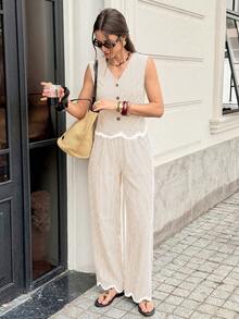 Serisse Women's Plaid Single-Breasted Vest And Pants Casual Elegant French Two Pieces Set Everyday Red And White Plaid Summer Brunch City Break - Khaki - View 3