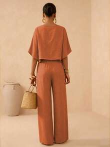 SHEIN Veneréa Set Celana Panjang Wanita Musim Panas Warna Polos Longgar dengan Kaki Lebar - Burnt Orange - View 2