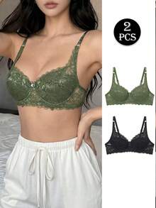 Napfluff 2pcs Women's Solid Color Lace Bra With Underwire - Green - View 1