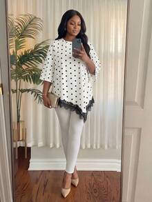 SHEIN Lady Chic Polka Dot Short Sleeve Tunic Top With Black Lace Detail And Irregular Hem - Black and White - View 4