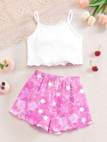 Young Girls Casual Minimalist Cartoon Print Camisole Top And Shorts Loungewear Set, Suitable For Summer - Multicolor - View 4
