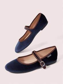 CUCCOO DOLLMOD 2026 Fashion Women's Blue Velvet Mary Jane Flats, Vintage Round Toe Buckle Ballet Shoes, Comfortable Daily Wear Fall Shoes - Navy - View 3