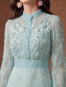 Anewsta Vestido camisero elegante de estilo cortesano y de moda, decorado con perlas y cuentas, cuello pequeño de pie, ligeramente transparente, manga larga, para mujer, primavera, verano, festival, graduación, elegante, atuendo para el Día de San Valentín - Celeste - Ver 3