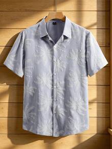 VENTUSAIL 男士時尚休閒度假風短袖襯衫，仿刺繡設計，假日風 - 淺灰色 - 查看 3