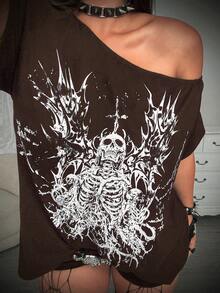 Whyspr Rave Coachella 蕾絲拼接印花極簡修身 T-Shirt - 棕色 - 查看 6