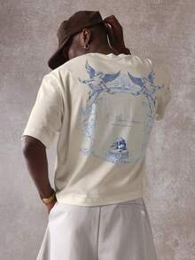 SUMWON Oversized Crop Fit Short Sleeve T-Shirt With Baroque Angel Cherub Back Print And Script Logo Front - Khaki - View 5