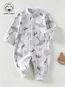 SHEIN Playful Pals Infant Jumpsuit Newborn Fitted Clothing Colorful Digital Print Long Sleeve All-Season Knit Newborn Jumpsuit Autumn Fall - Light Grey - View 1