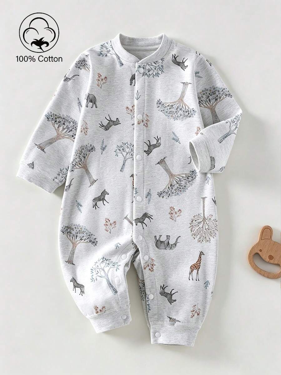 SHEIN Playful Pals Infant Jumpsuit Newborn Fitted Clothing Colorful Digital Print Long Sleeve All-Season Knit Newborn Jumpsuit Autumn Fall - Light Grey - View 1