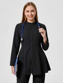 TaskEZ 1 pieza Chaqueta de uniforme de enfermería con cierre de cremallera y dobladillo acampanado de un solo color - Negro - Ver 6