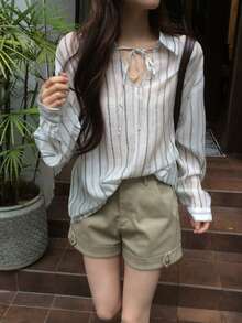 DAZY Women's Striped Elegant Spring/Summer Airy Versatile Long Sleeve Shirt - Apricot - View 4
