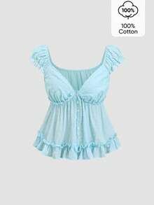 Sweetra Women's Spring/Summer Button-Up V-Neck Ruffle Blouse, Slimming Versatile Beach Vacation Style - Blue - View 1