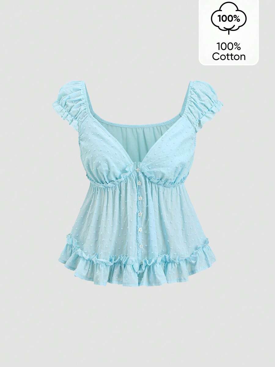 Sweetra Women's Spring/Summer Button-Up V-Neck Ruffle Blouse, Slimming Versatile Beach Vacation Style - Blue - View 1