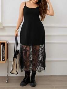 SHEIN LUNE Plus Size Women's Solid Color Contrast Lace Hem Elegant Cami Dress Party Black Summer - Black - View 5