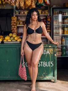 Swim Vcay Bikini de 2 piezas con tirantes finos y lazo delantero, estampado floral, braguita triángulo, talla grande para mujer, negro, sexy, para vacaciones de verano en la playa - Multicolor - Ver 5