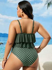Swim Lushoire Plus Size Women's Summer Beach Ruffle Strap Tankini Set - Multicolor - View 2