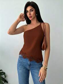 Firerie Spring/Summer New Minimalist Elegant Vacation Streetwear Apricot Linen One-Shoulder Backless Waist Ruched Asymmetric Hem Top - Brown - View 6