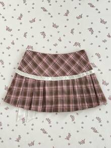 Elamini Damen Sommer Neu Rosa & Braun Karomuster Stoff Patchwork Schleife Dekoration Süß Niedlich Plissee Rock, geeignet für Einkaufen, Partys, Dates, Pendeln und tägliche Ausflüge - Verschiedenfarbig - Übersicht 2