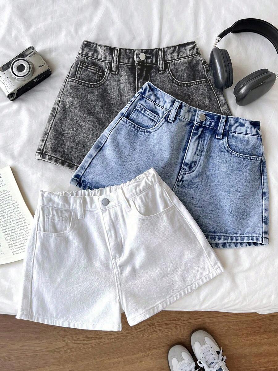 SHEIN Tween Girl New Spring Summer Beach Boho Holiday 3 Pieces Solid Light Washed Ripped Raw Hem Casual Baggy Denim Shorts, Summer Concert Rave Festival,Graduation, Summer Brunch, Vacation,Country Concert,Casual & Street Style, Summer,Suitable For Spring And Summer Wear, Elegant And Holiday Wear,Spring Break Summer Beach Vacation Wear,Summer Short,White Short - Multicolor - View 1