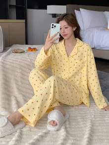 DAZY 2件組 女款愛心印花長袖開襟上衣與直筒休閒長褲睡衣套裝，夏季 - 黃色 - 查看 7
