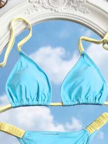 Swim Mod 春夏兩件式女款海灘裝套裝，時尚可愛性感度假海邊泳池派對配色純色掛脖露背綁帶三角上衣與抓皺比基尼泳褲 - 彩色 - 查看 5