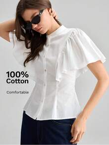 Ontre Women's White Comfortable Fabric Fitted Shirt Small Stand Collar Regular Shoulder Short Sleeve With Ruffle Cuff Patchwork Office Teachers' Day Summer - White - View 5