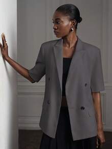 Aveloria Modichic Women's Blazer Double Breasted 4 Button Notched Lapel Short Sleeve With Side Dark Grey Summer Business Casual Office Elegant Professional Suit - Grey - View 4