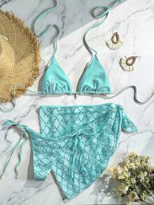 Costavie Swim Bonvoyette 3件組 春夏海灘度假 亮片紋理面料 珍珠飾品 綁帶三角比基尼上衣 側綁比基尼泳褲 及亮片裙 性感女款泳衣 - 薄荷藍 - 查看 5