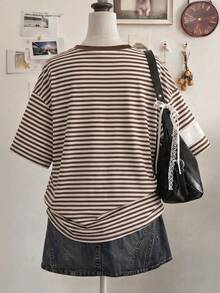 Lalippa Striped Digital Print Five-Pointed Star Embroidered Casual Loose Mid-Length Round Neck Drop Shoulder Women T-Shirt, A Gift For Friends - Multicolor - View 2