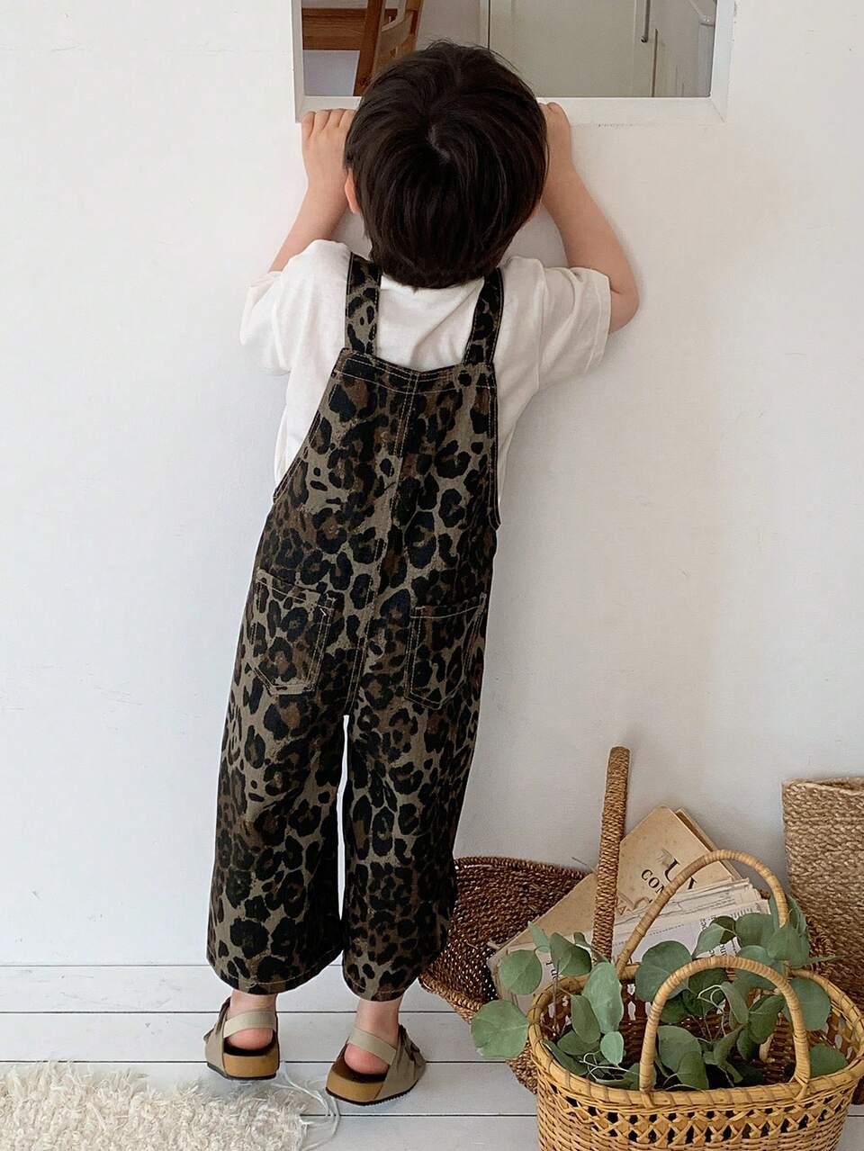 Baby Boy Leopard Print Pocket Casual Versatile Daily Outing Denim Overall Long Pants Summer Toddler