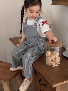 DAZY Peto de mezclilla casual a rayas estilo coreano para bebé/niña pequeña - Azul y blanco - Ver 5
